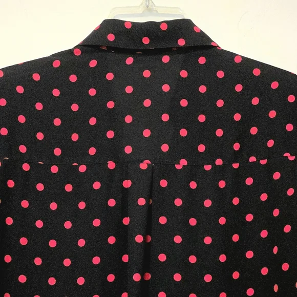 Express Black Red Polka Dot Slim Fit LP Blouse Roll Tab Large Petite - Picture 5 of 9